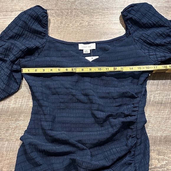 Lost Ink navy blue poof sleeve ruched Elegant Blue Dress Size 12 - Picture 8 of 12